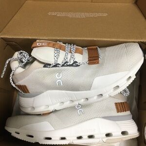 On Running White and Brown Sneakers